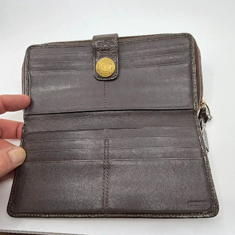 Coach Mixed Material Continental Brown Signature Canvas Leat